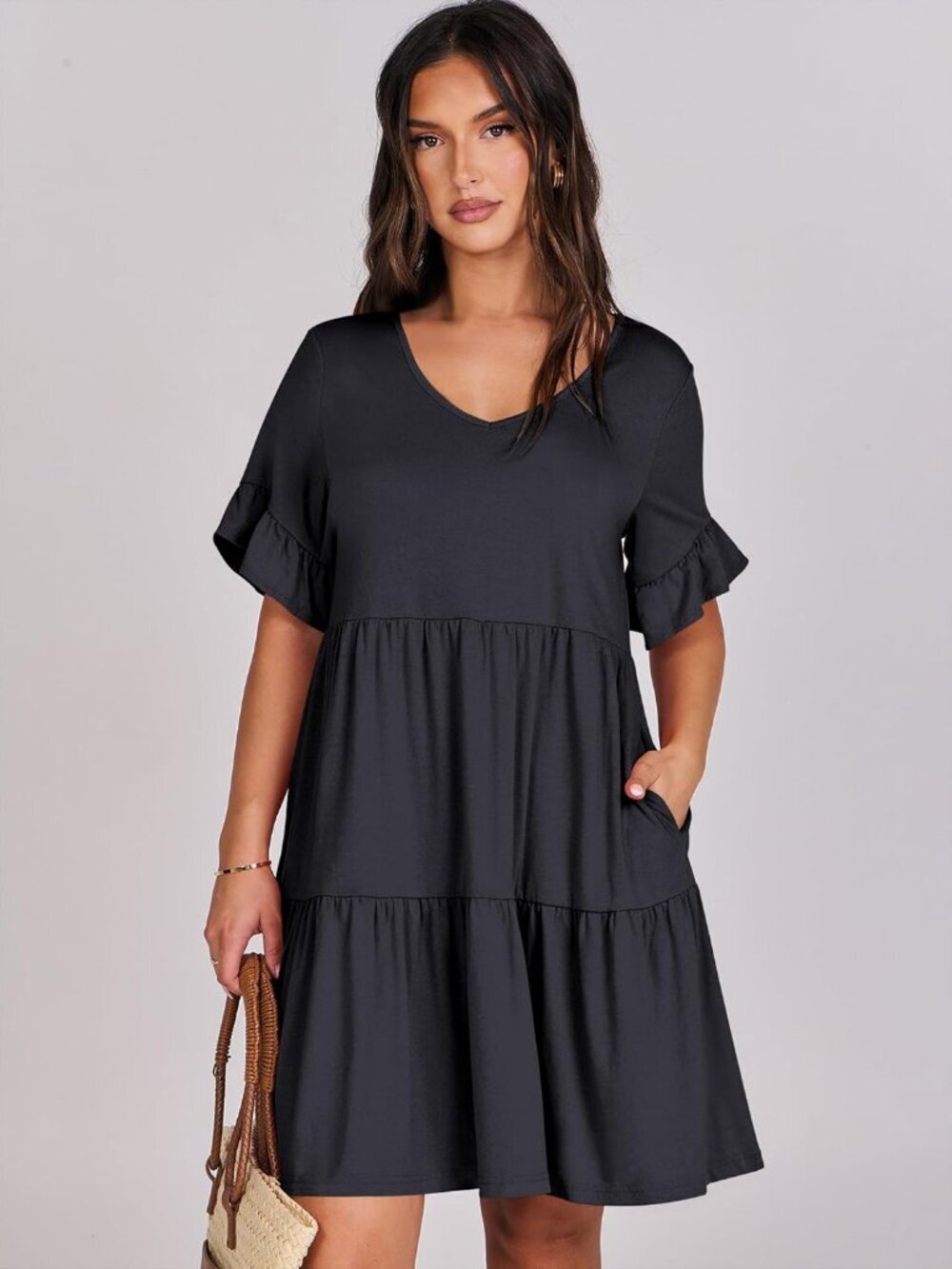 Anrabess Women's Black Floral Neck Ruffle Sleeve A Line Tiered Mini Flowy Dress - Picture 3 of 6